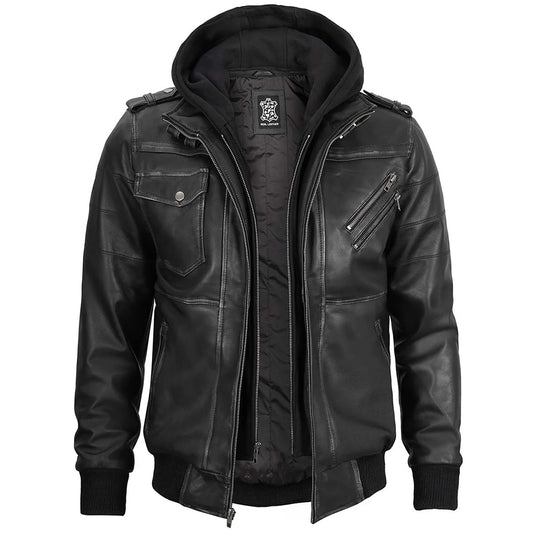 Mens Charcoal Real Leather Jacket With Detachable Hood