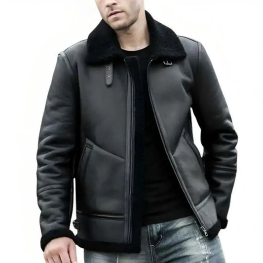 Men’s Real Shearling Sheepskin Black Bomber Leather Jacket