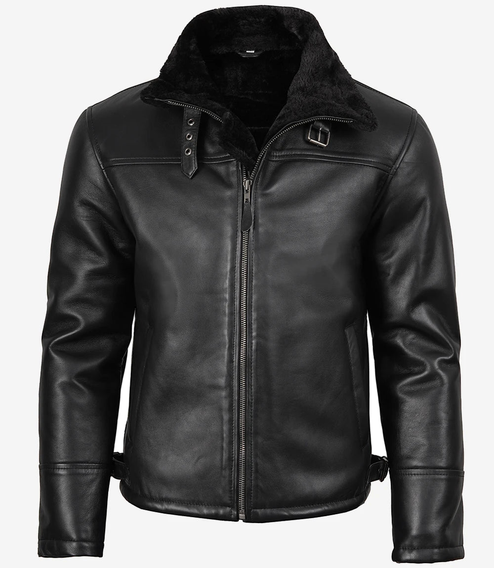 Men’s Real Shearling Sheepskin Black Bomber Leather Jacket
