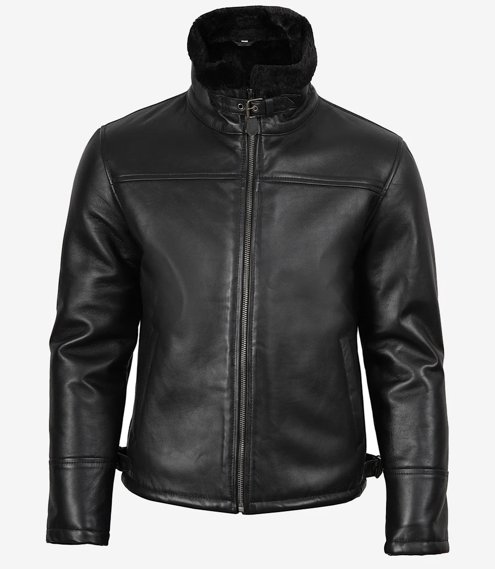 Men’s Real Shearling Sheepskin Black Bomber Leather Jacket