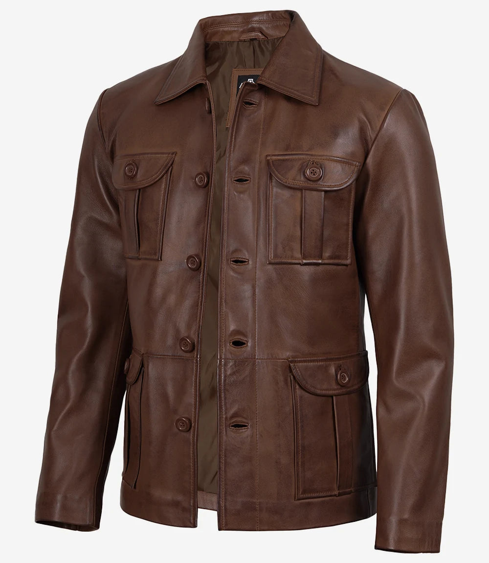 Men’s Distressed Brown Leather Biker Jacket