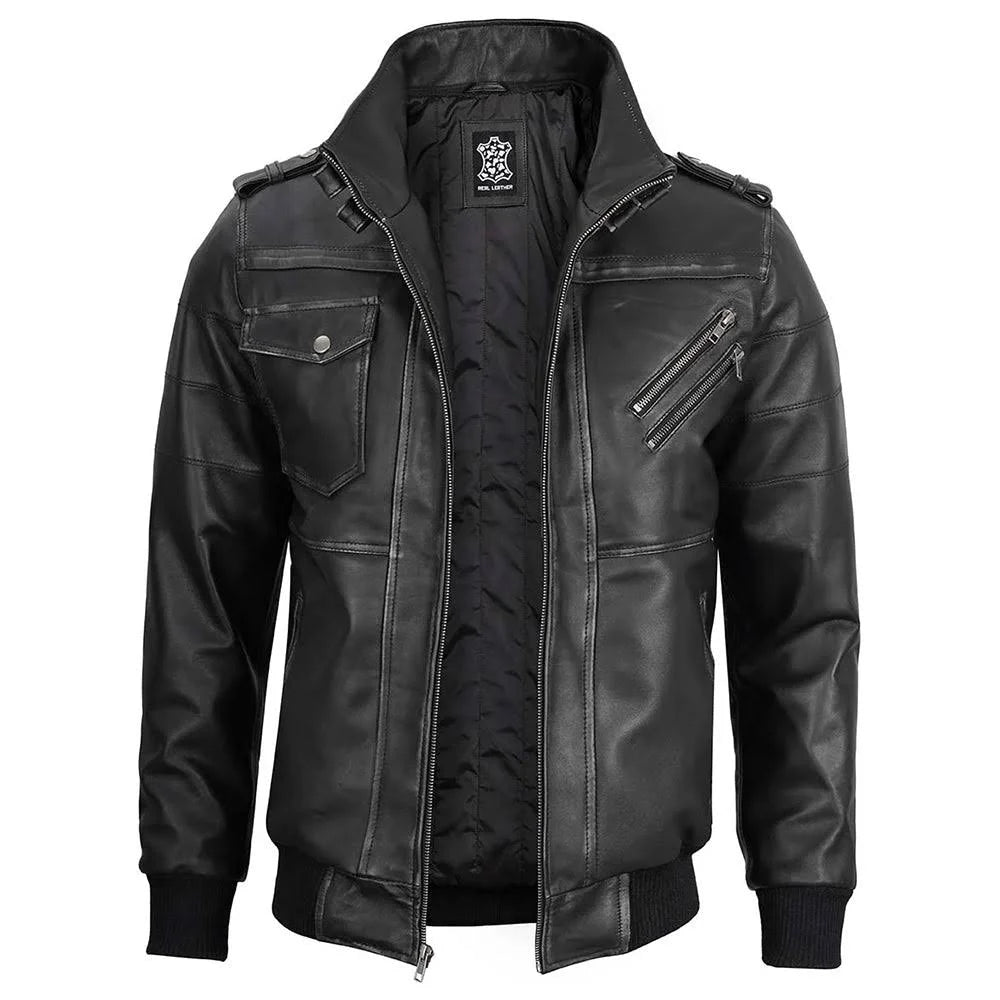 Mens Charcoal Real Leather Jacket With Detachable Hood