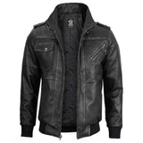 Mens Charcoal Real Leather Jacket With Detachable Hood