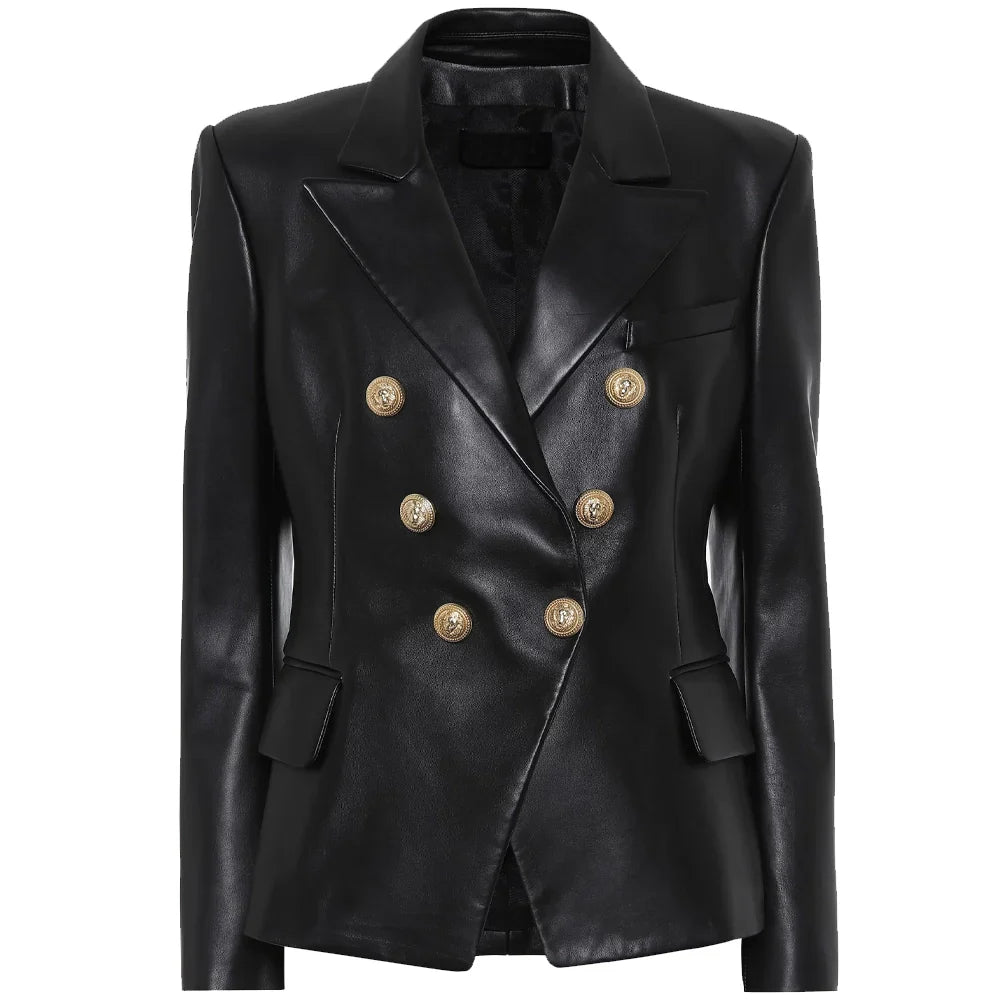 Kim Double Breasted Black Leather Blazer Women’s