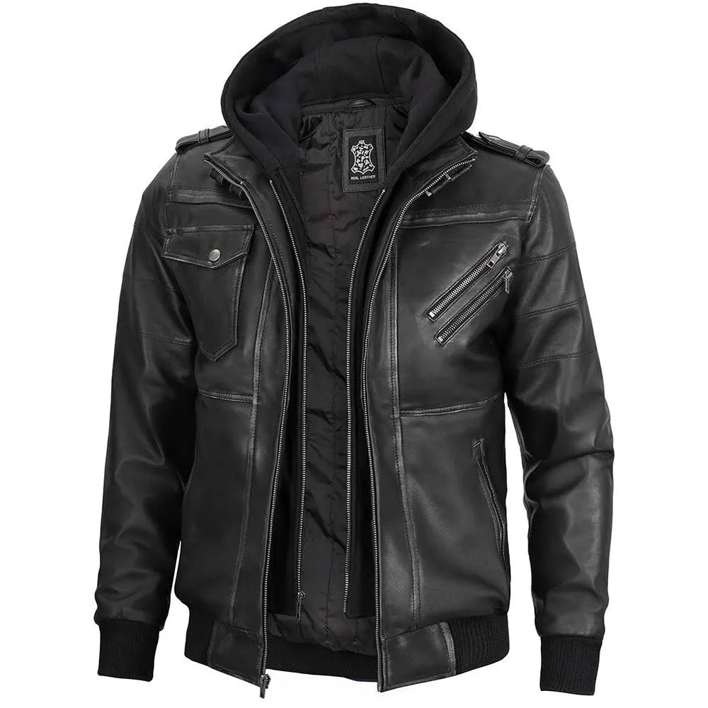 Mens Charcoal Real Leather Jacket With Detachable Hood