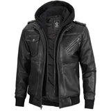 Mens Charcoal Real Leather Jacket With Detachable Hood