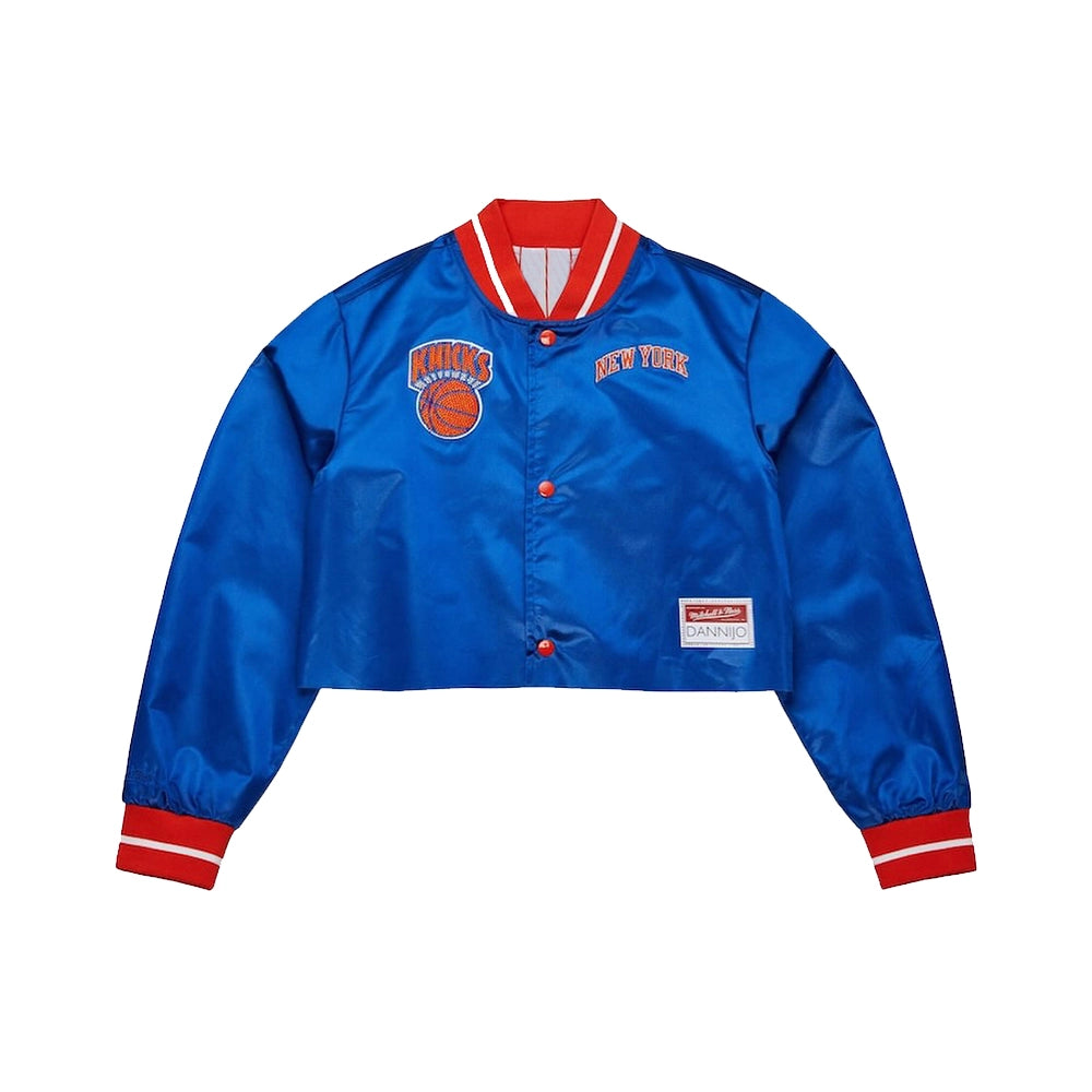 Jordyn Woods New York Knicks Cropped Blue Satin Jacket