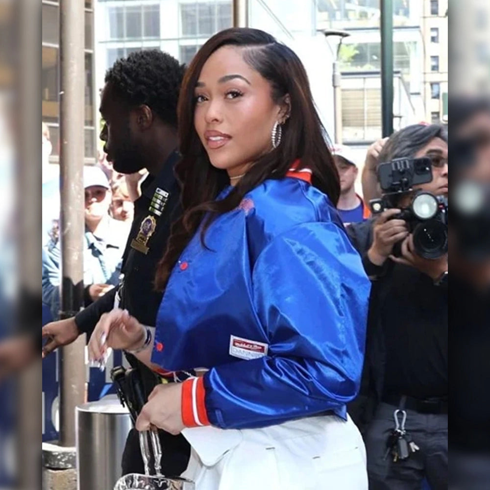 Jordyn Woods New York Knicks Cropped Blue Satin Jacket