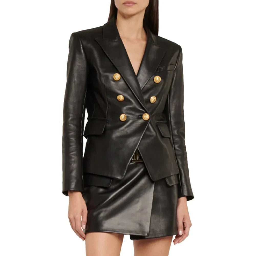 Kim Double Breasted Black Leather Blazer Women’s