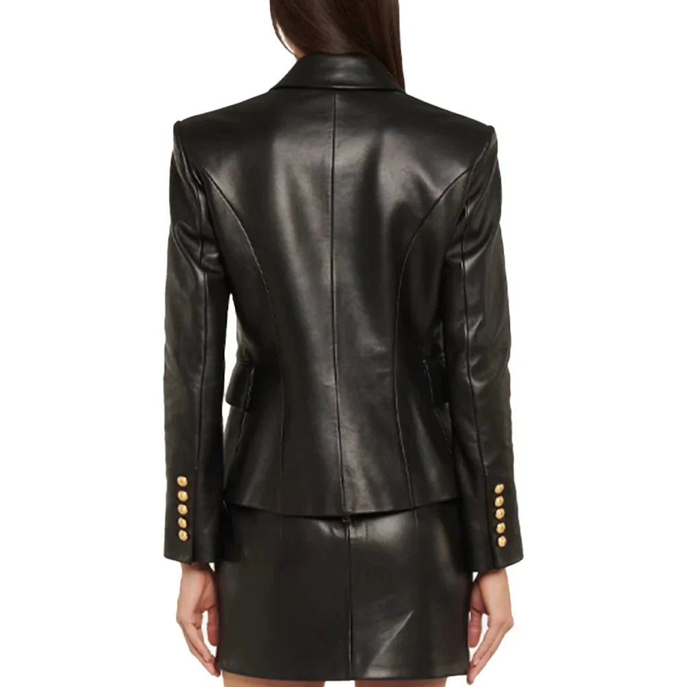 Kim Double Breasted Black Leather Blazer Women’s