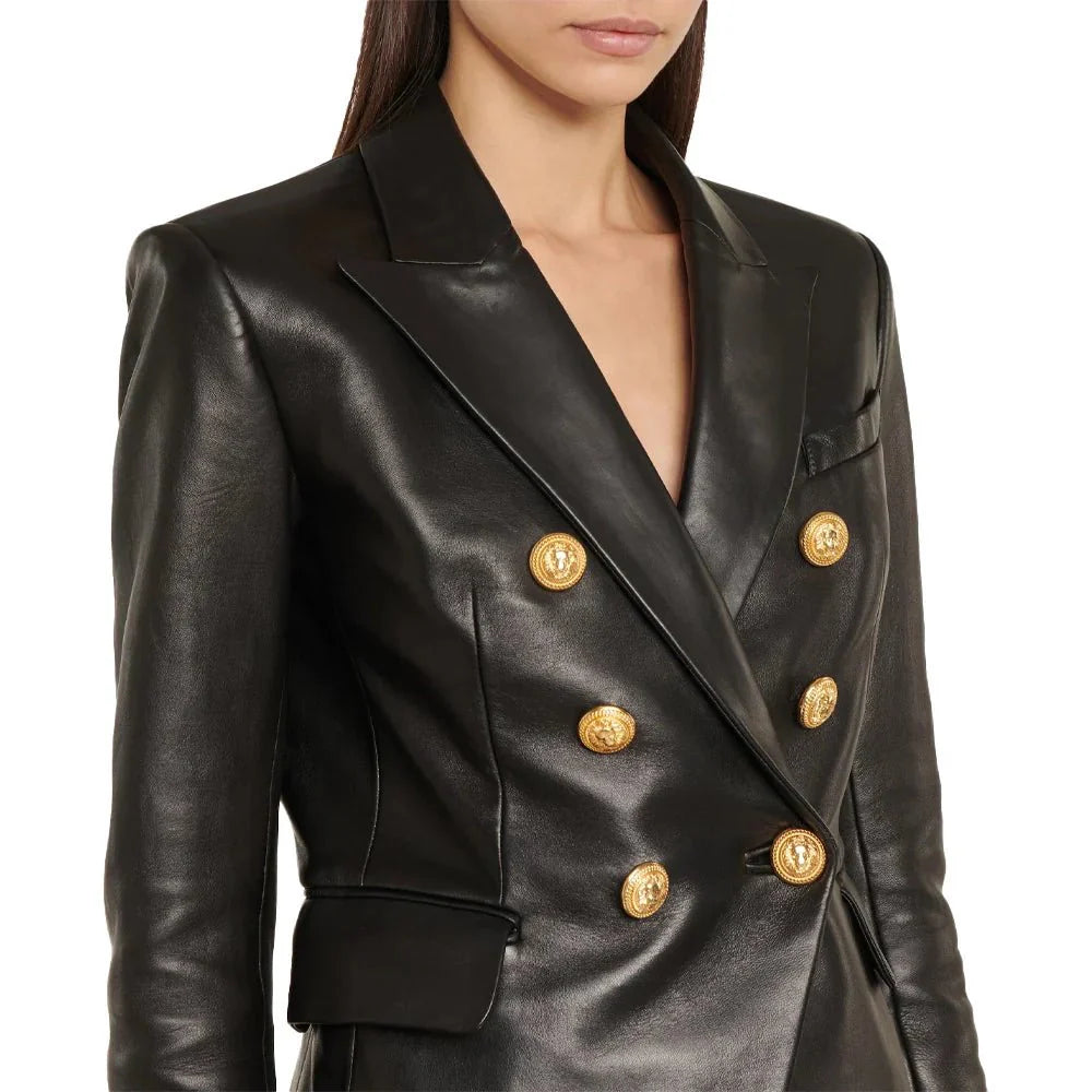 Kim Double Breasted Black Leather Blazer Women’s