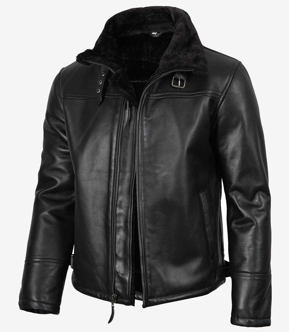 Men’s Real Shearling Sheepskin Black Bomber Leather Jacket