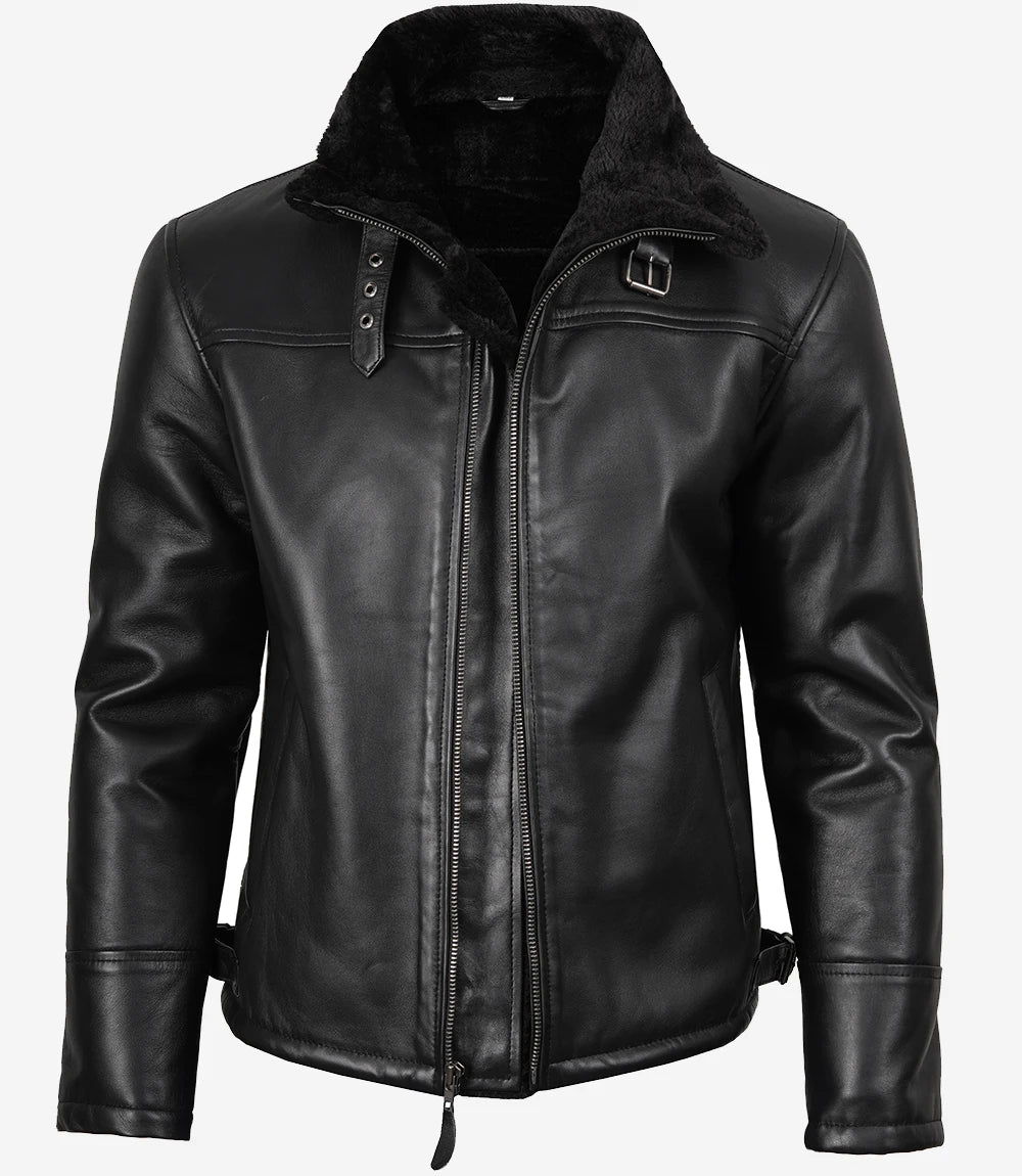 Men’s Real Shearling Sheepskin Black Bomber Leather Jacket