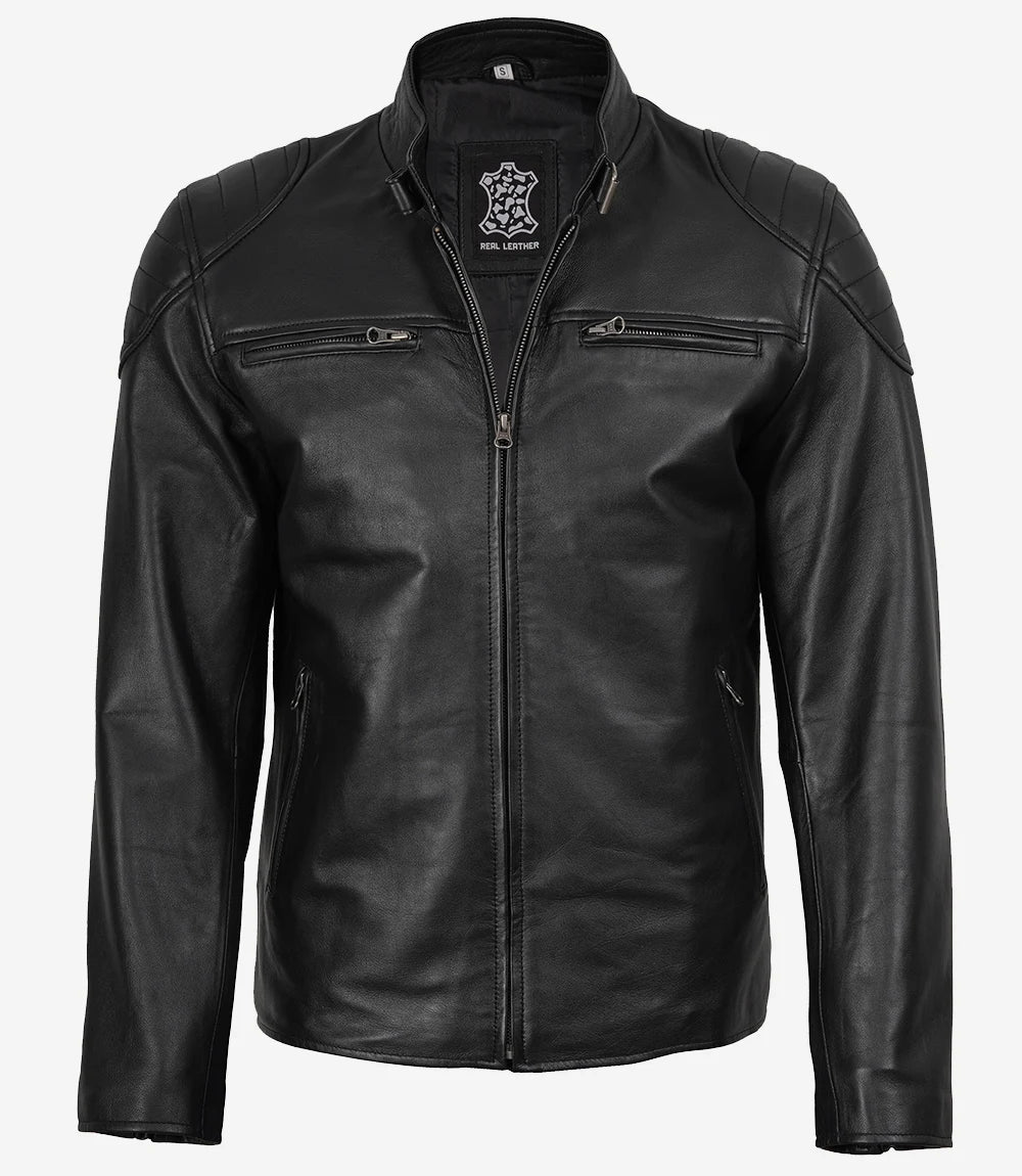 Mens Black Classic Cafe Racer Leather Jacket