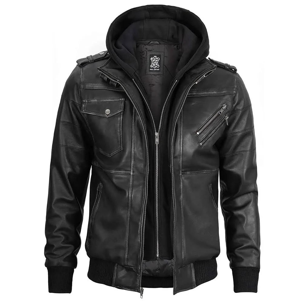 Mens Charcoal Real Leather Jacket With Detachable Hood