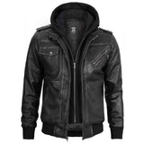 Mens Charcoal Real Leather Jacket With Detachable Hood