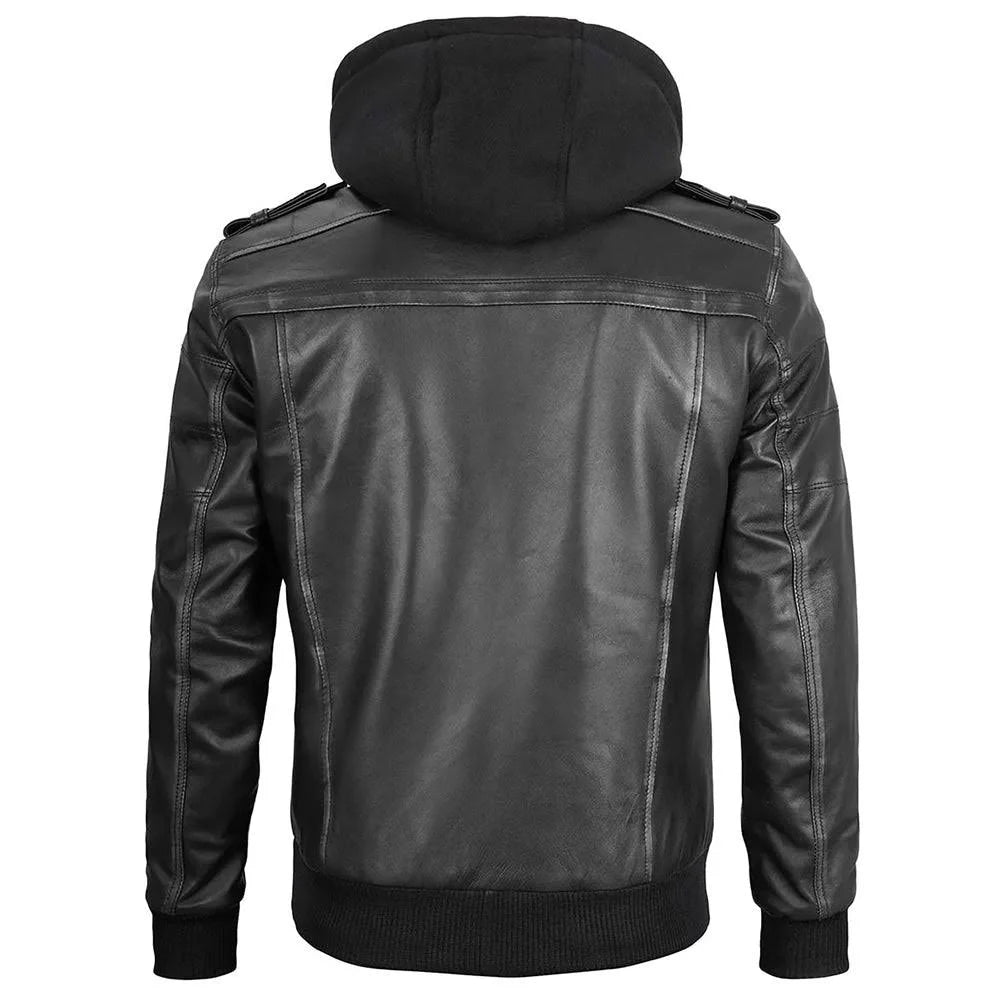 Mens Charcoal Real Leather Jacket With Detachable Hood