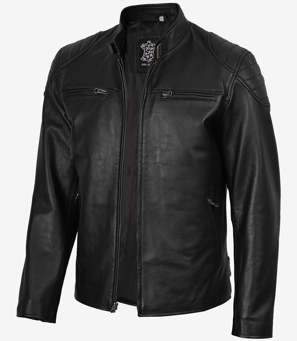 Mens Black Classic Cafe Racer Leather Jacket