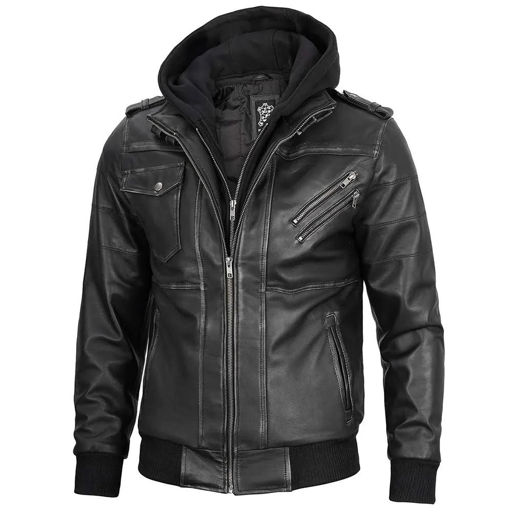 Mens Charcoal Real Leather Jacket With Detachable Hood