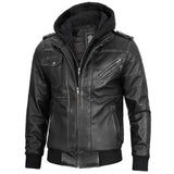 Mens Charcoal Real Leather Jacket With Detachable Hood