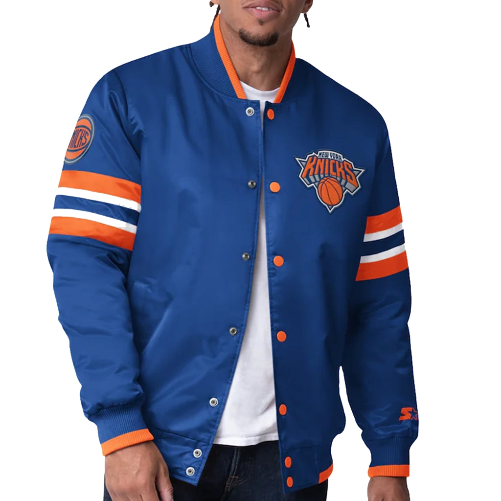 New York Knicks Starter Blue and Orange Satin Varsity Jacket