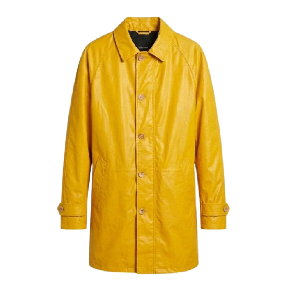 A vibrant yellow textured leather coat.