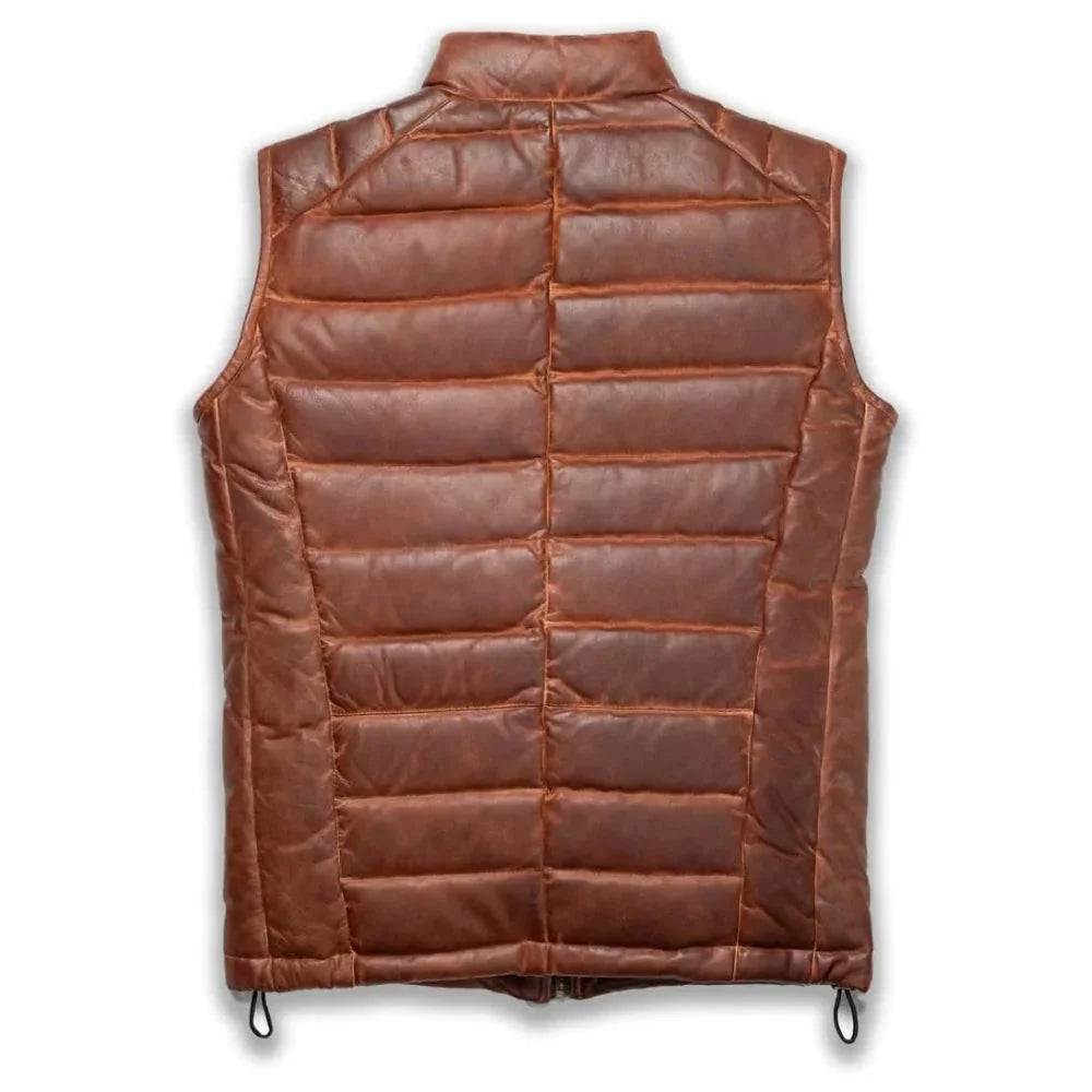 Mens Real Quilted Brown Leather Biker Vest