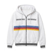 Front view of a white Project Hail Mary Ryan Gosling rainbow striped hooded jacket.
