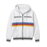 Front view of a white Project Hail Mary Ryan Gosling rainbow striped hooded jacket.