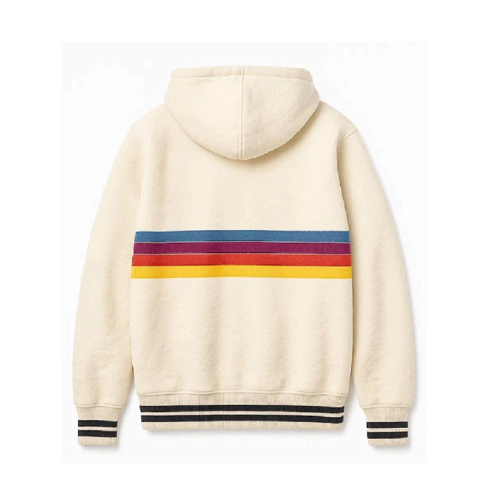 Back view of a Ryan Gosling striped hooded jacket.