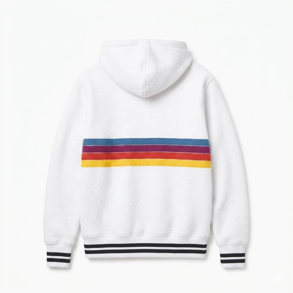 Back view of a white Project Hail Mary Ryan Gosling rainbow striped hooded jacket.
