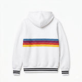 Back view of a white Project Hail Mary Ryan Gosling rainbow striped hooded jacket.
