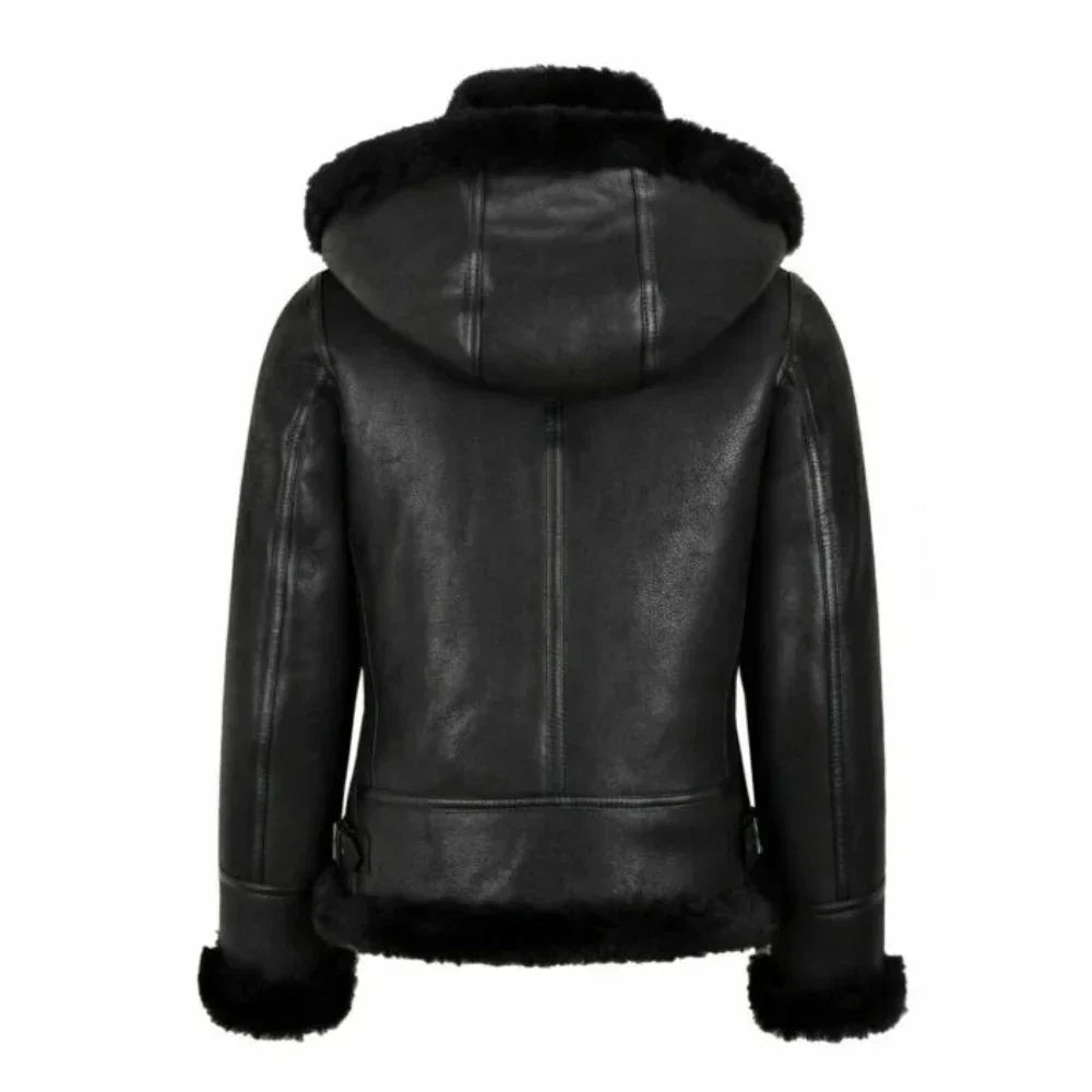 Womens Hooded Shearling Black Bomber Aviator Jacket