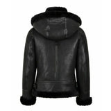 Womens Hooded Shearling Black Bomber Aviator Jacket