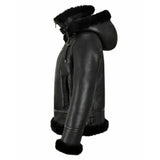 Womens Hooded Shearling Black Bomber Aviator Jacket