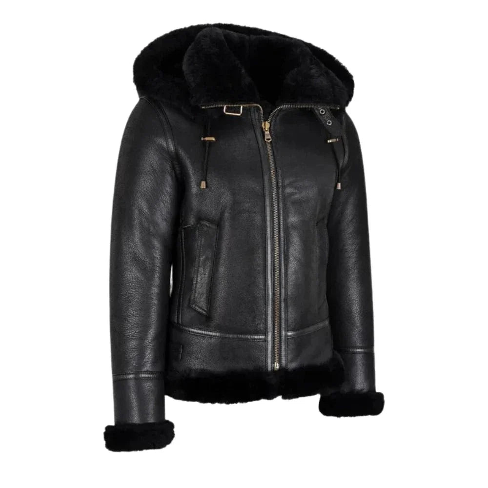 Womens Hooded Shearling Black Bomber Aviator Jacket