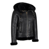 Womens Hooded Shearling Black Bomber Aviator Jacket